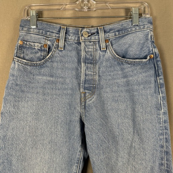 Levi's 501 Straight Leg Button Fly Jeans Blue Medium Wash Denim Destroyed - Picture 5 of 14